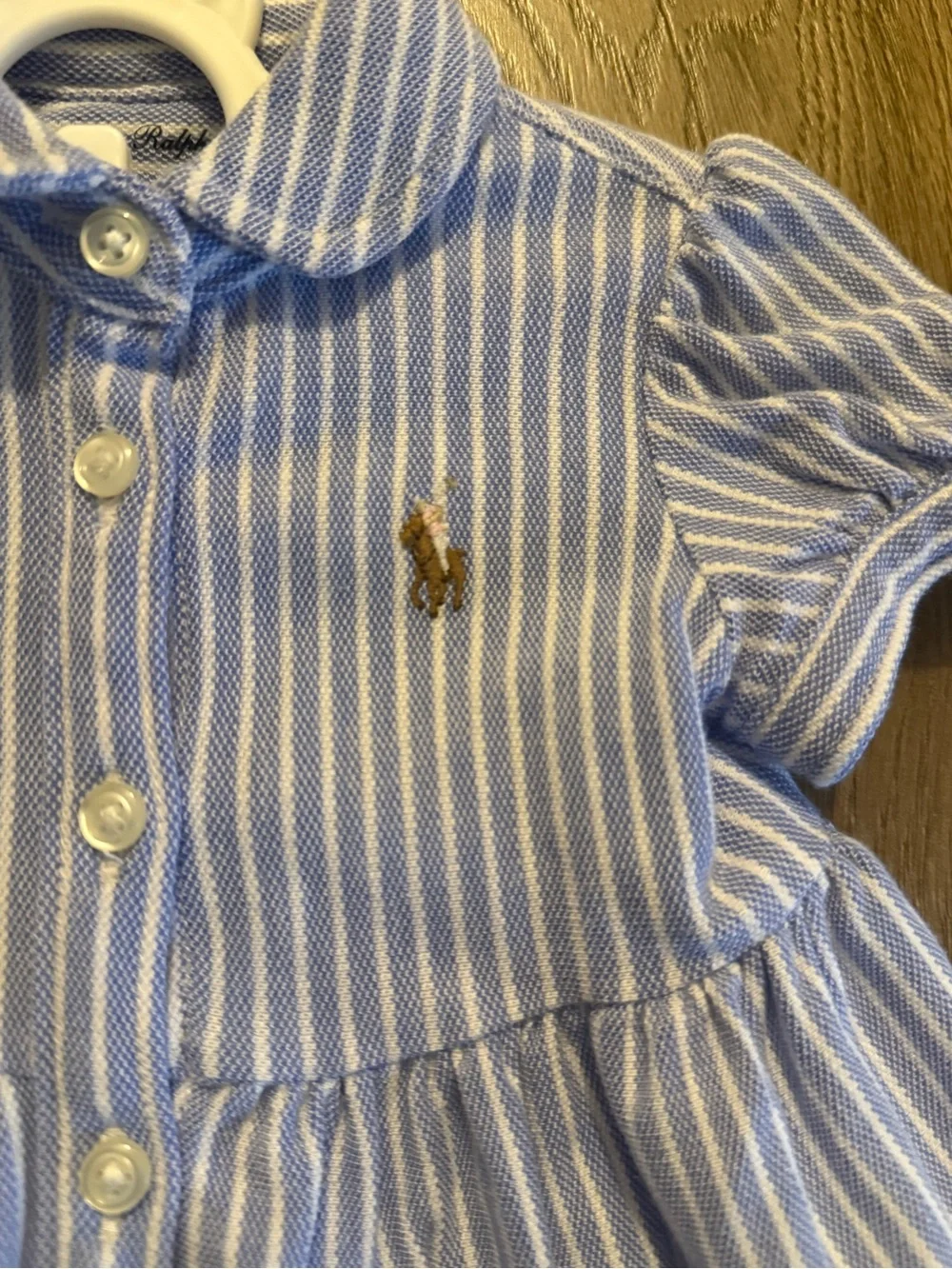 Ralph Lauren Blue and White Striped Cotton Baby Dress with Bloomers
